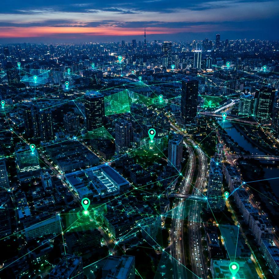 Cidade vista do alto com malha de dados geográficos