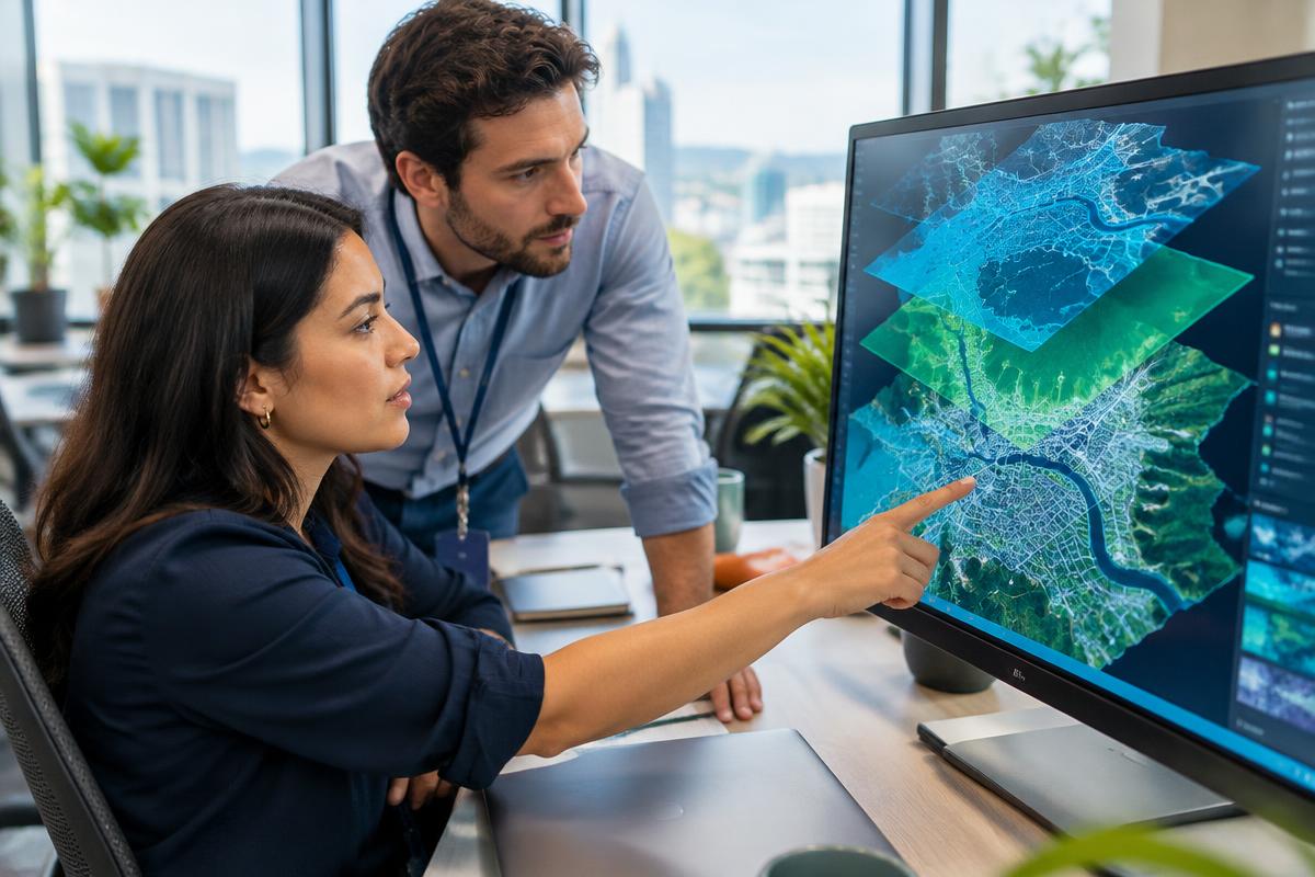 Profissionais analisando camadas de dados geográficos